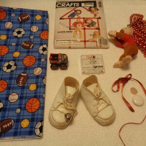 VINTAGE BABY SHOES MONKEY TOYS RIBBON SPORTS CLOTHE DOLL PATTERN ETC. LOT
